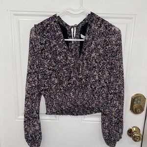 Lush Black, Cream, Purple and Pink Cropped Floral Blouse